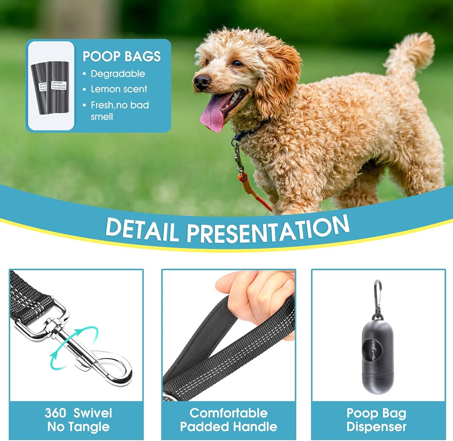 5 Feet Nylon Dog Leash with Triple Reflective Threads and Comfortable Padded Handle for Walking, Training Lead Small Puppy, Medium and Large Dogs (1.0'' X 5 FT, Black)