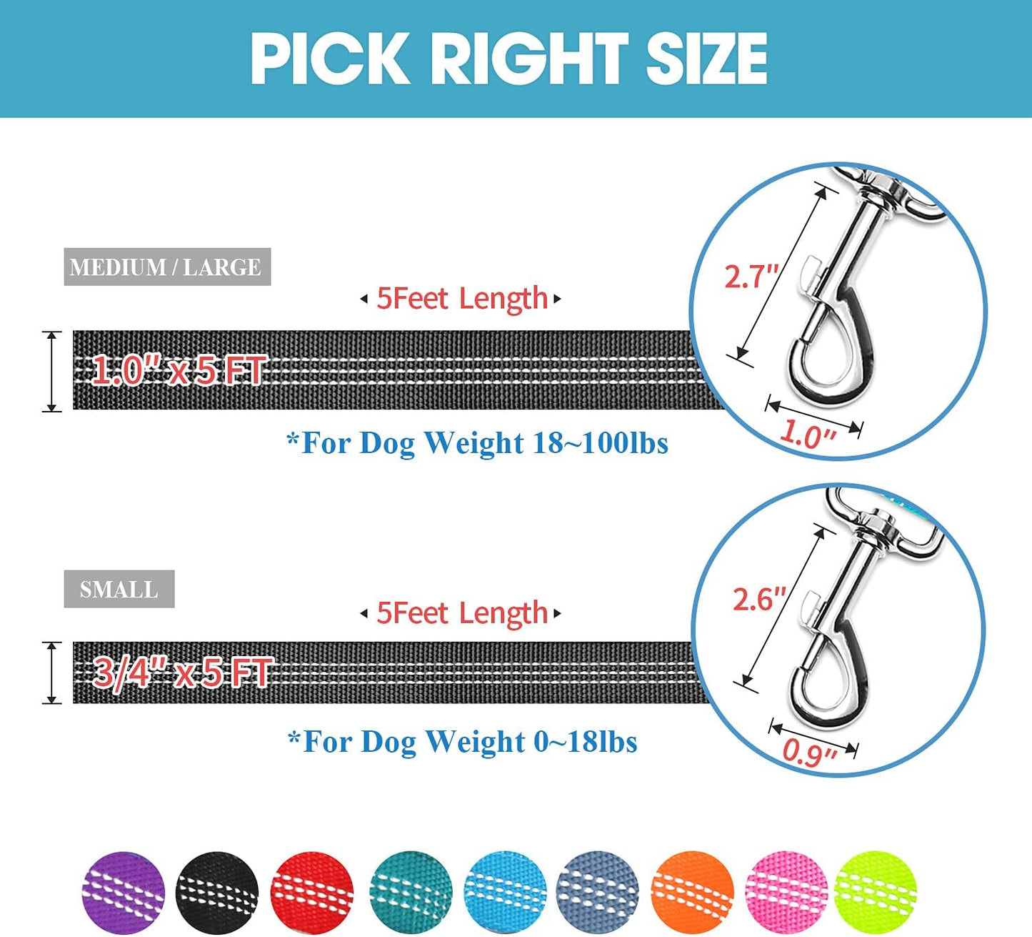 5 Feet Nylon Dog Leash with Triple Reflective Threads and Comfortable Padded Handle for Walking, Training Lead Small Puppy, Medium and Large Dogs (1.0'' X 5 FT, Black)