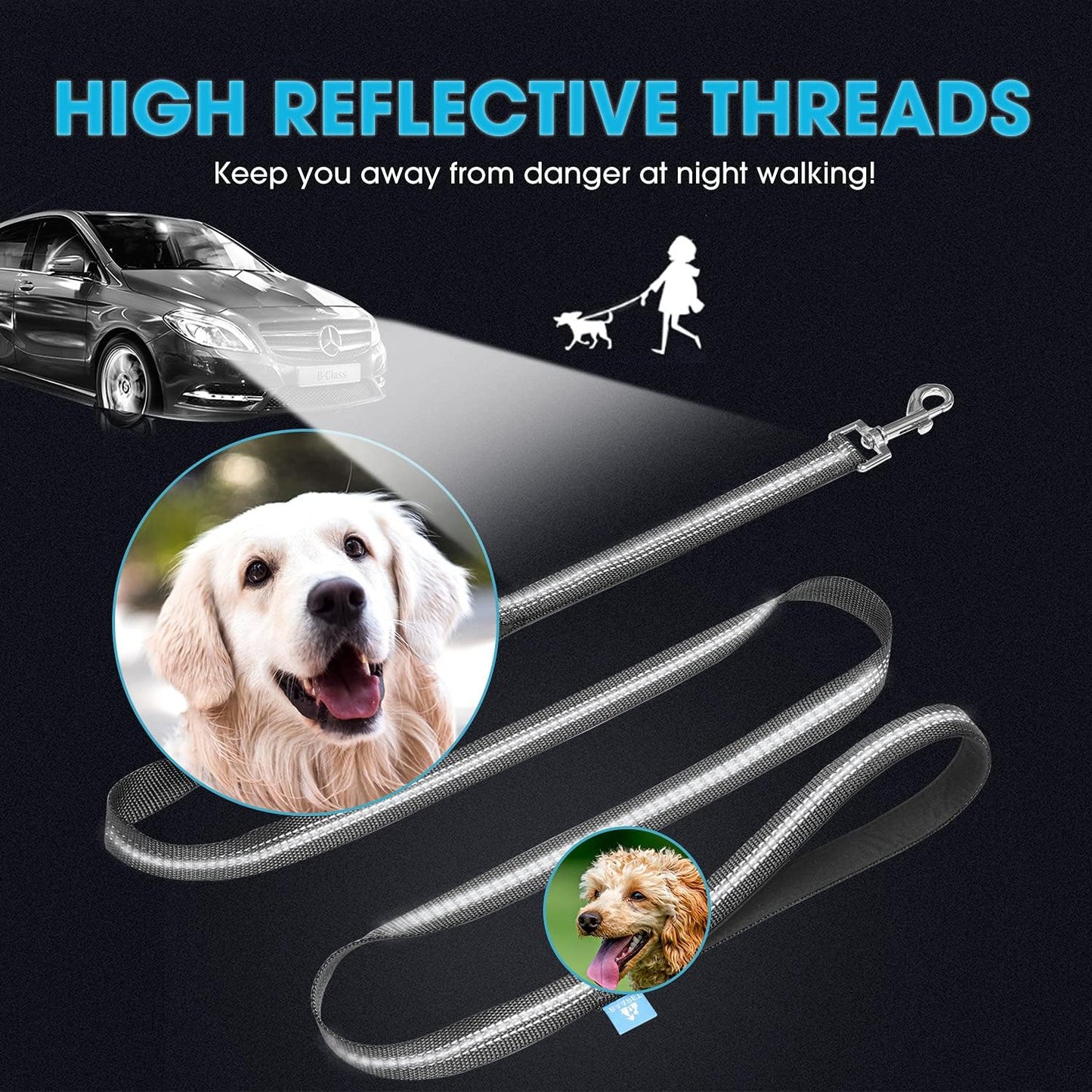 5 Feet Nylon Dog Leash with Triple Reflective Threads and Comfortable Padded Handle for Walking, Training Lead Small Puppy, Medium and Large Dogs (1.0'' X 5 FT, Black)