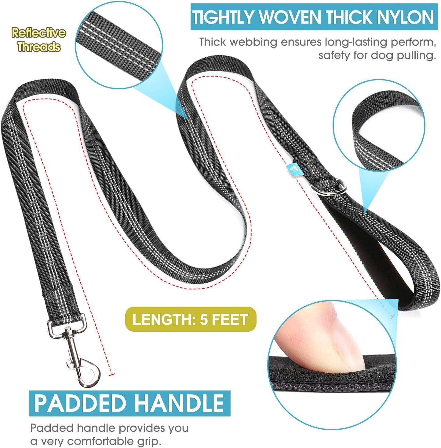5 Feet Nylon Dog Leash with Triple Reflective Threads and Comfortable Padded Handle for Walking, Training Lead Small Puppy, Medium and Large Dogs (1.0'' X 5 FT, Black)