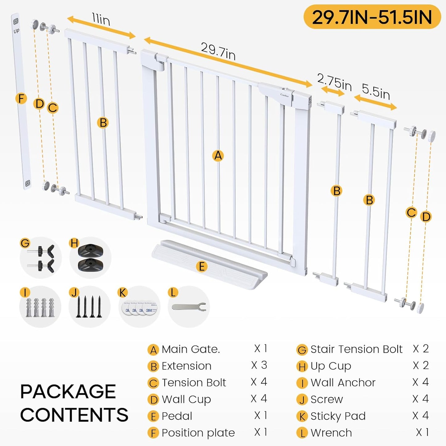 29.7-51.5" Baby Gate Extra Wide, Safety Dog Gate for Stairs, Easy Walk Thru Auto Close Pet Gates for the House, Doorways, Child Gate Includes 4 Wall Cups,White, Mom'S Choice Awards Winner