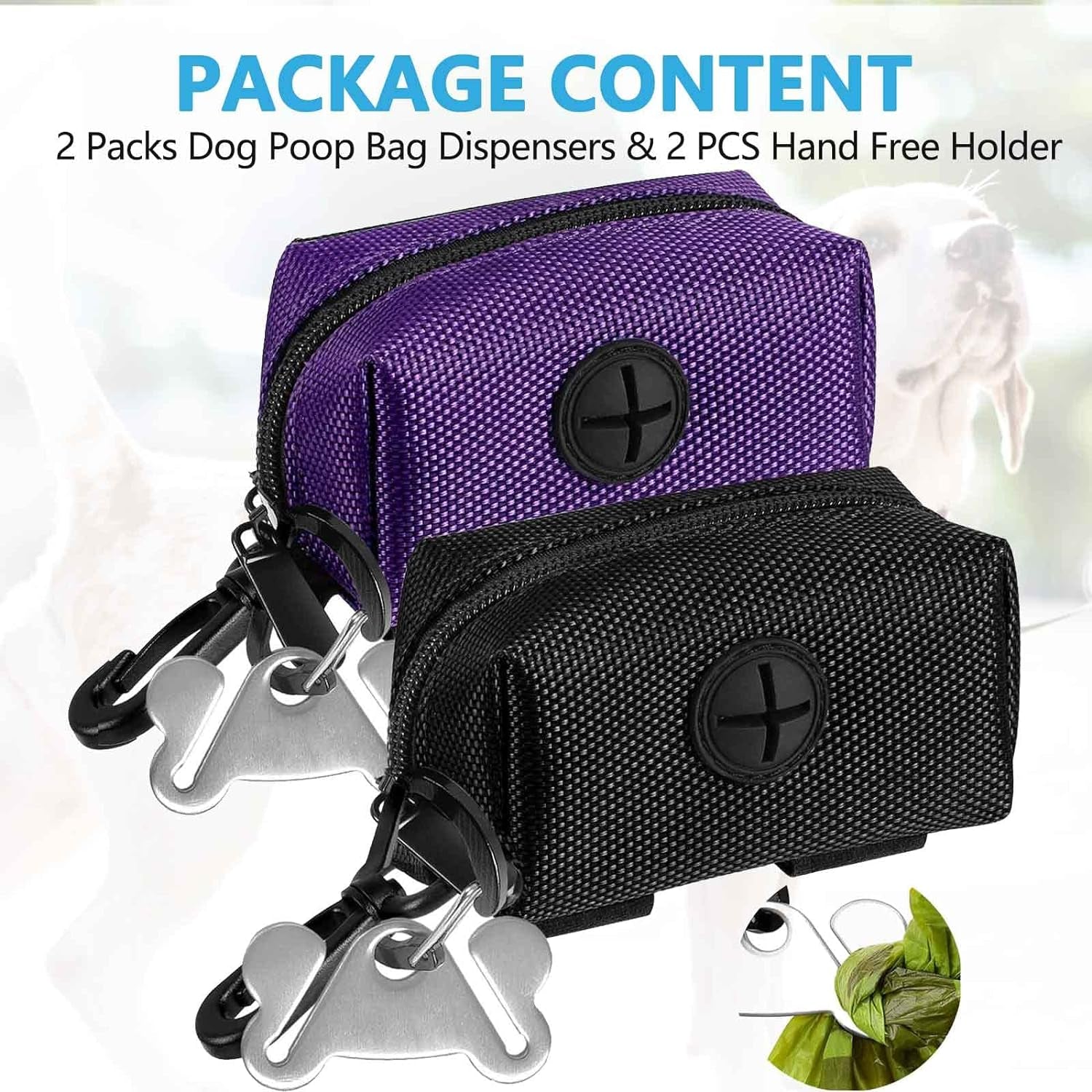2-Pack Dog Poop Bag Holder & Dispenser - Leash Attachment for Hands-Free Waste Management - Black & Purple Metal Carriers