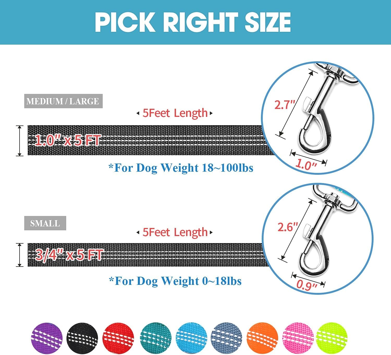 5 Feet Nylon Dog Leash with Triple Reflective Threads and Comfortable Padded Handle for Walking, Training Lead Small Puppy, Medium and Large Dogs (1.0'' X 5 FT, Black)