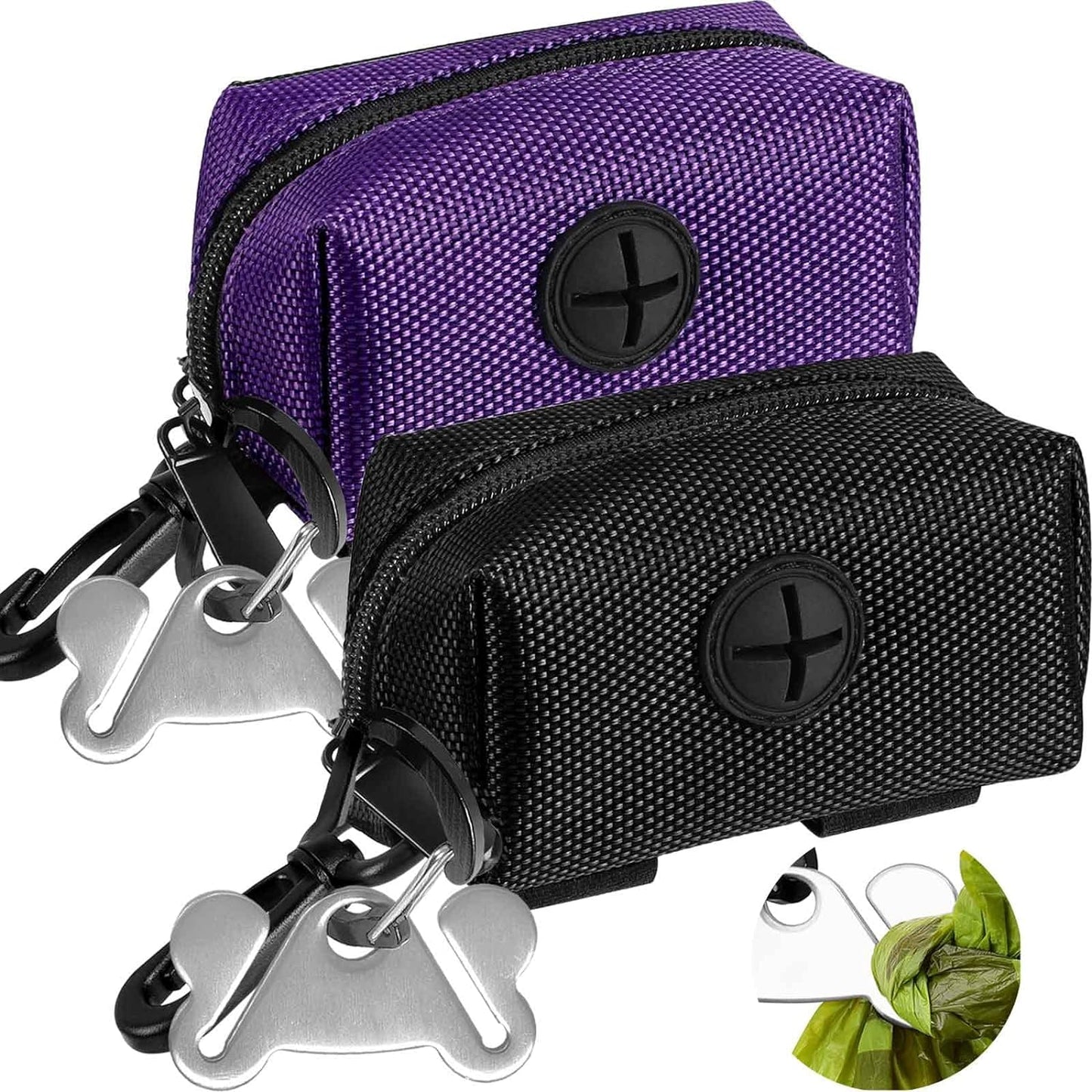 2-Pack Dog Poop Bag Holder & Dispenser - Leash Attachment for Hands-Free Waste Management - Black & Purple Metal Carriers