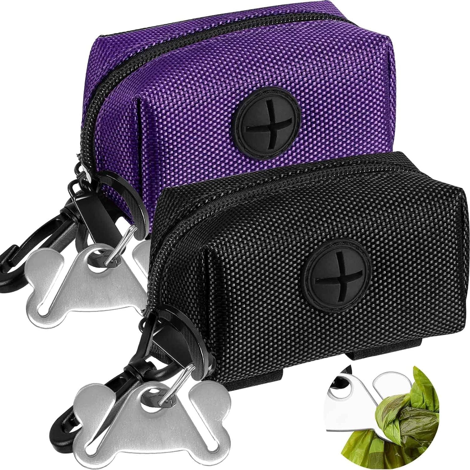 2-Pack Dog Poop Bag Holder & Dispenser - Leash Attachment for Hands-Free Waste Management - Black & Purple Metal Carriers