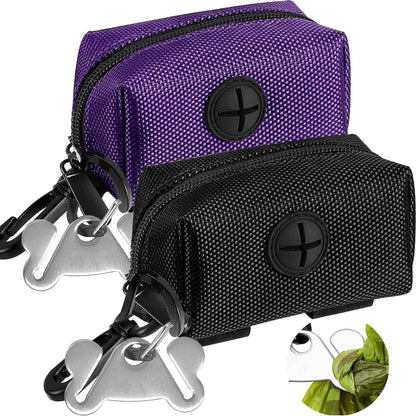 2-Pack Dog Poop Bag Holder & Dispenser - Leash Attachment for Hands-Free Waste Management - Black & Purple Metal Carriers