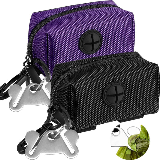 2-Pack Dog Poop Bag Holder & Dispenser - Leash Attachment for Hands-Free Waste Management - Black & Purple Metal Carriers