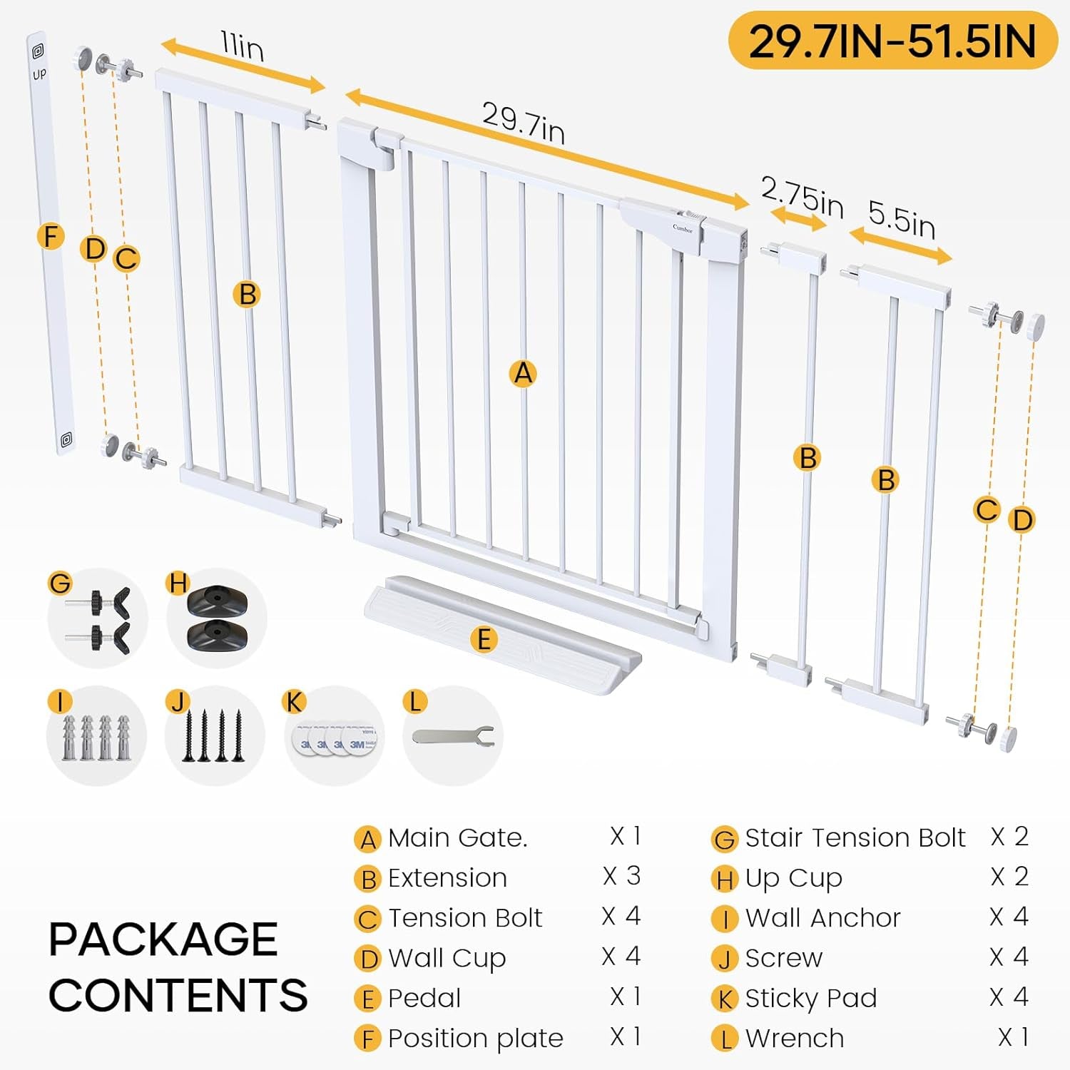 29.7-51.5" Baby Gate Extra Wide, Safety Dog Gate for Stairs, Easy Walk Thru Auto Close Pet Gates for the House, Doorways, Child Gate Includes 4 Wall Cups,White, Mom'S Choice Awards Winner